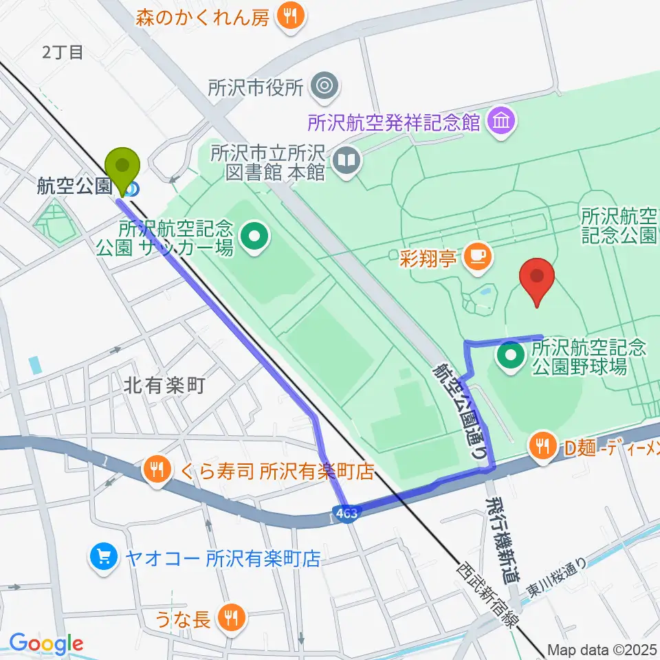 所沢航空記念公園野外ステージの最寄駅航空公園駅からの徒歩ルート（約10分）地図