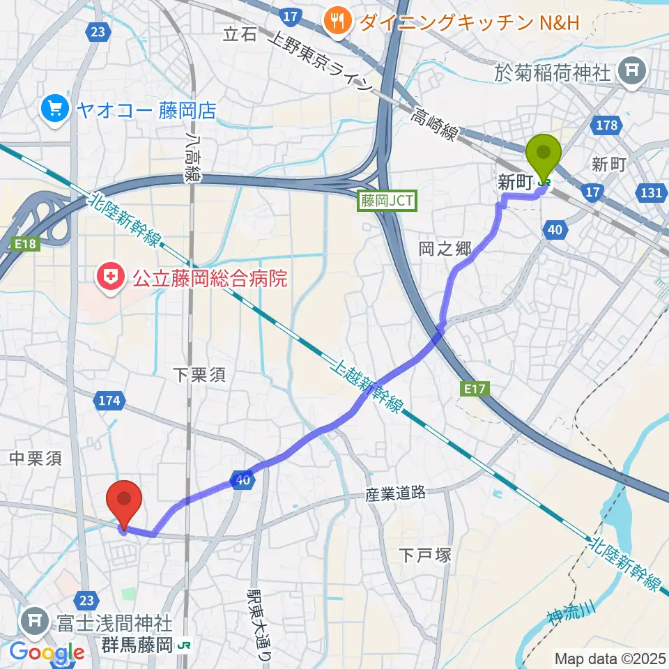新町駅からシロシバスタジオへのルートマップ地図
