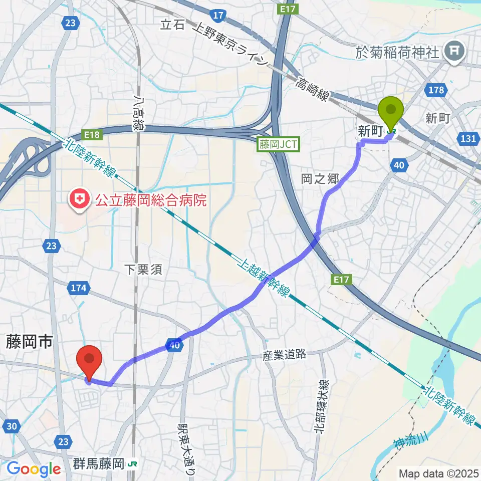 新町駅からシロシバスタジオへのルートマップ地図