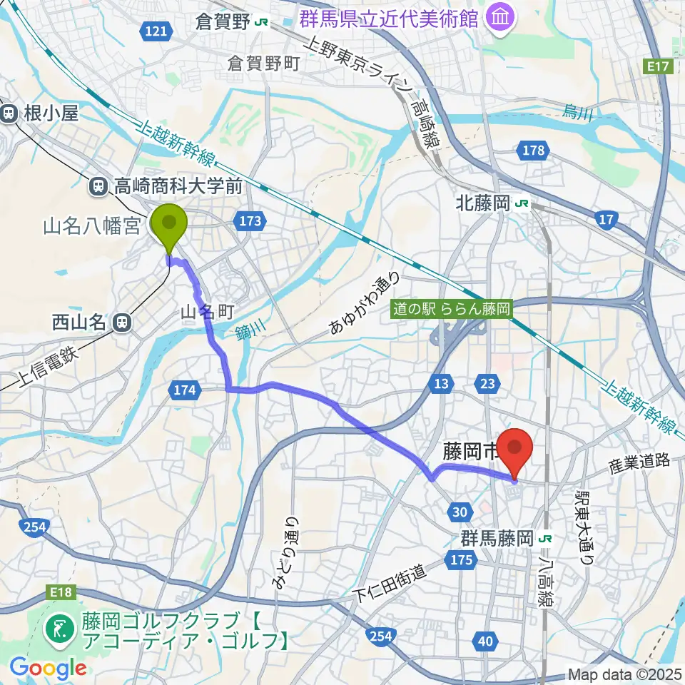 山名駅からシロシバスタジオへのルートマップ地図