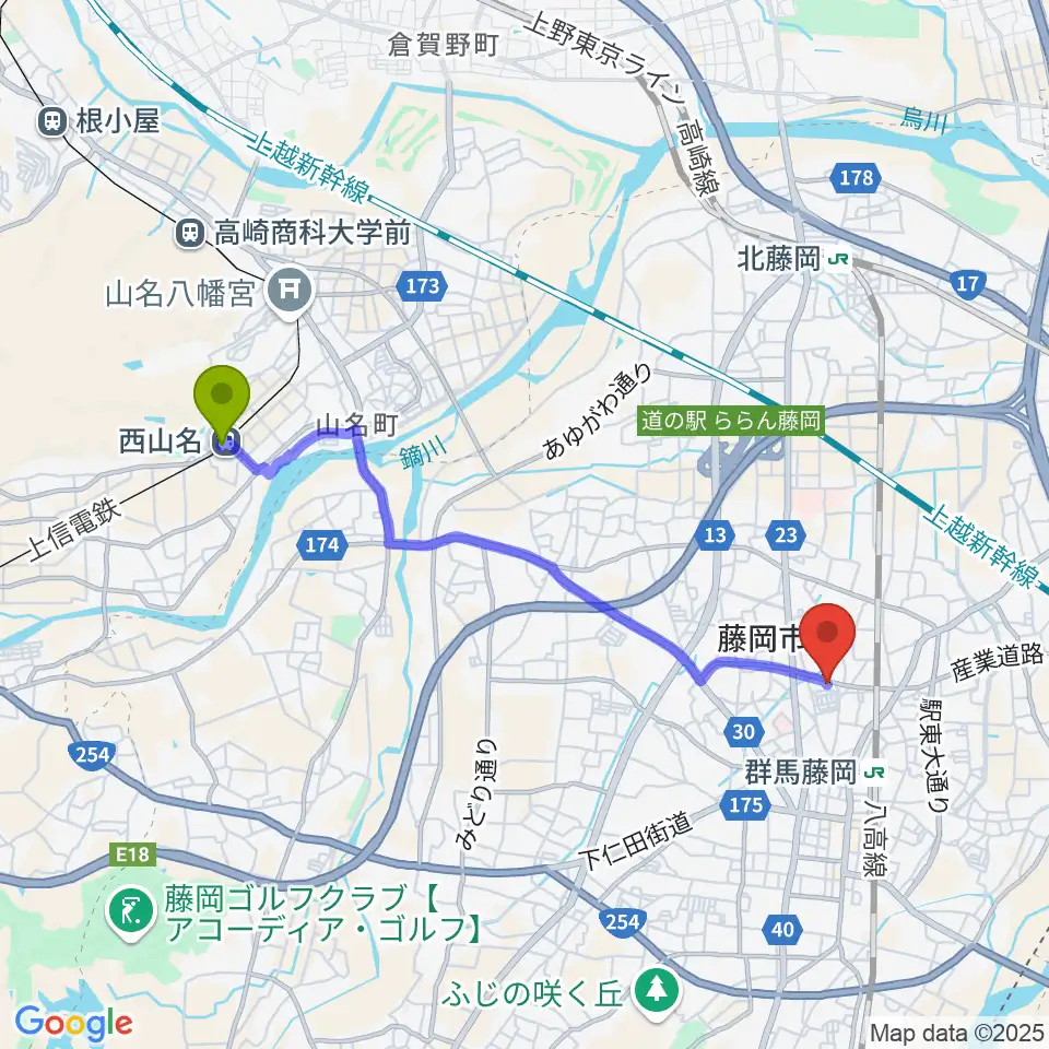 西山名駅からシロシバスタジオへのルートマップ地図