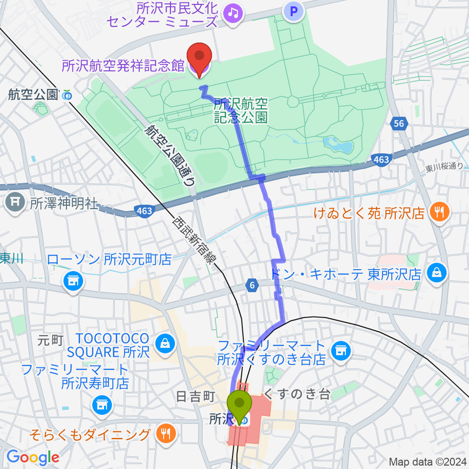 所沢駅から所沢航空発祥記念館へのルートマップ地図