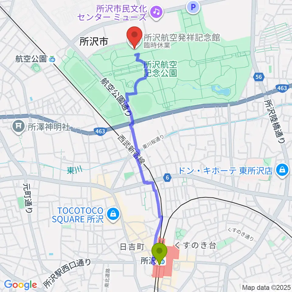 所沢駅から所沢航空発祥記念館へのルートマップ地図