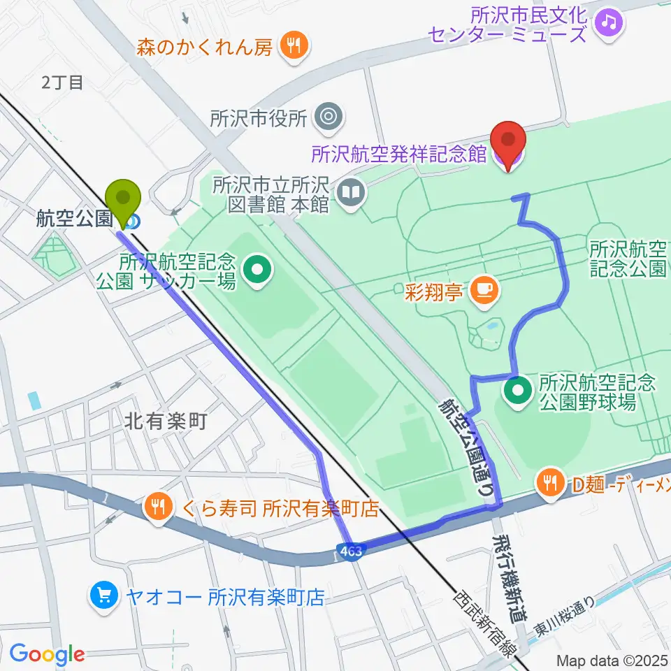 所沢航空発祥記念館の最寄駅航空公園駅からの徒歩ルート（約9分）地図