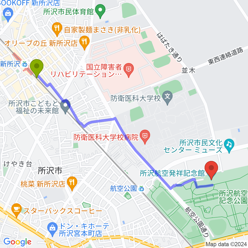 新所沢駅から所沢航空発祥記念館へのルートマップ地図