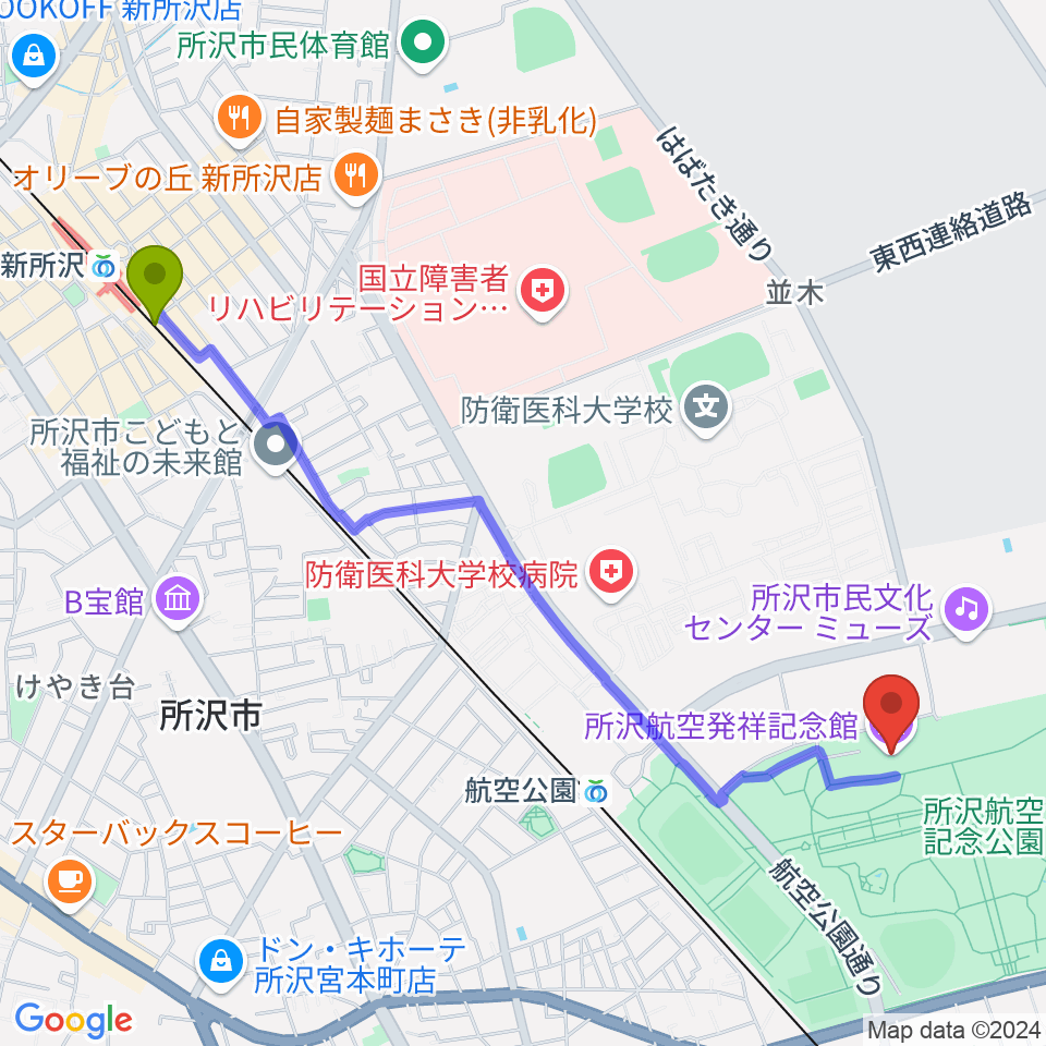 新所沢駅から所沢航空発祥記念館へのルートマップ地図