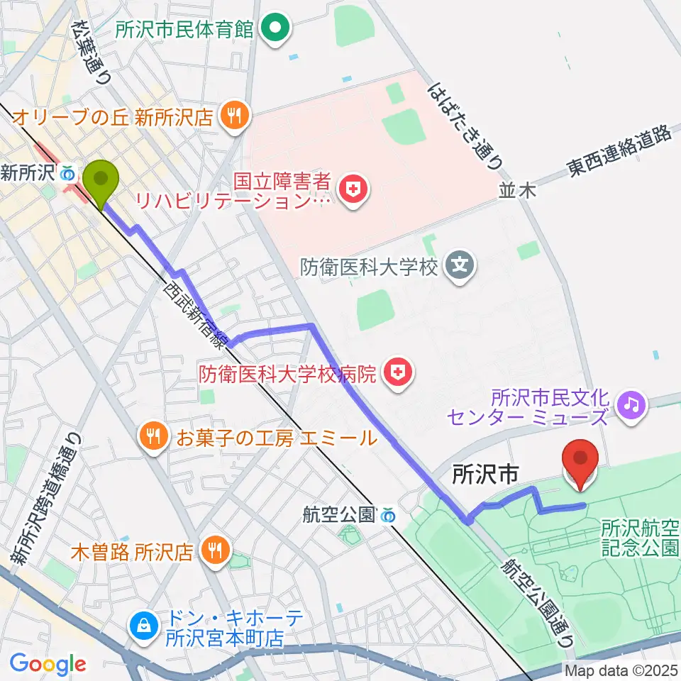 新所沢駅から所沢航空発祥記念館へのルートマップ地図