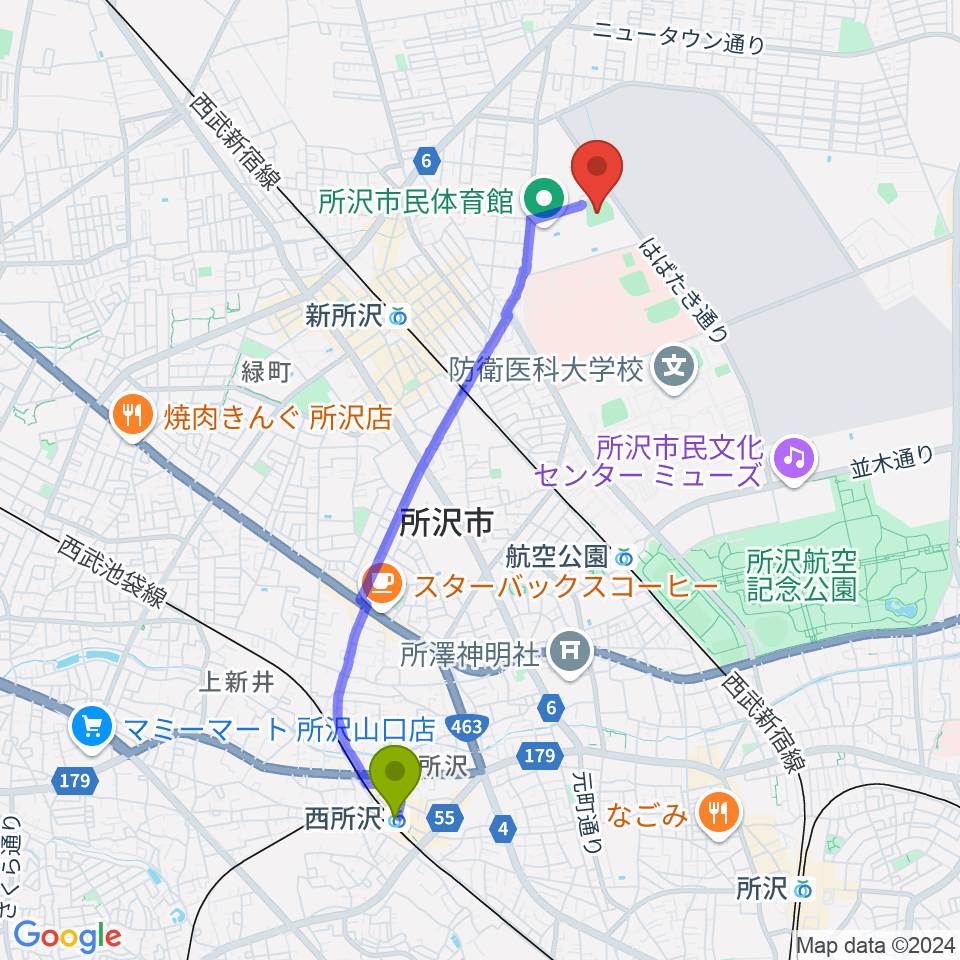 西所沢駅から所沢市総合運動場野球場へのルートマップ地図