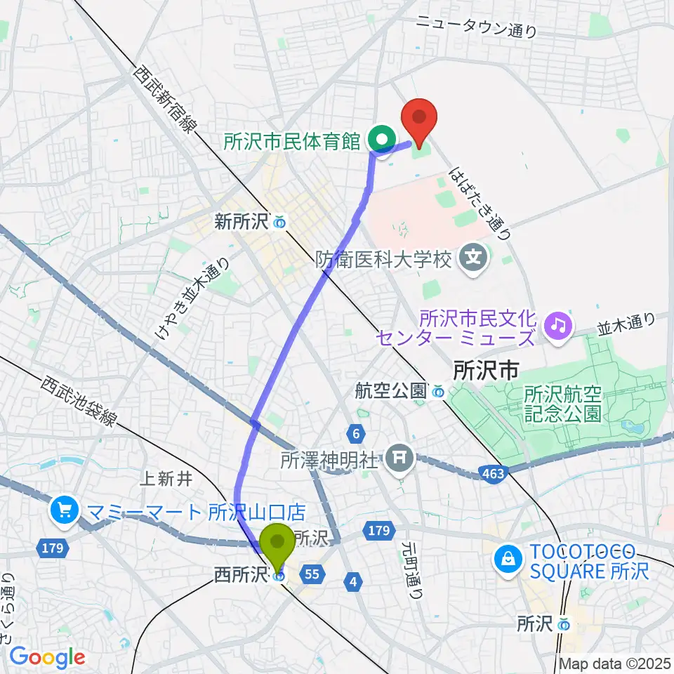 西所沢駅から所沢市総合運動場野球場へのルートマップ地図
