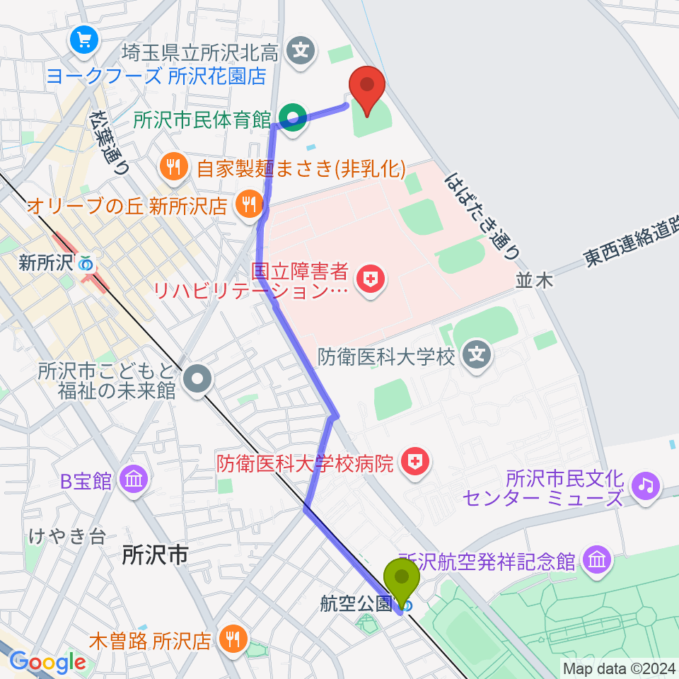 航空公園駅から所沢市総合運動場野球場へのルートマップ地図