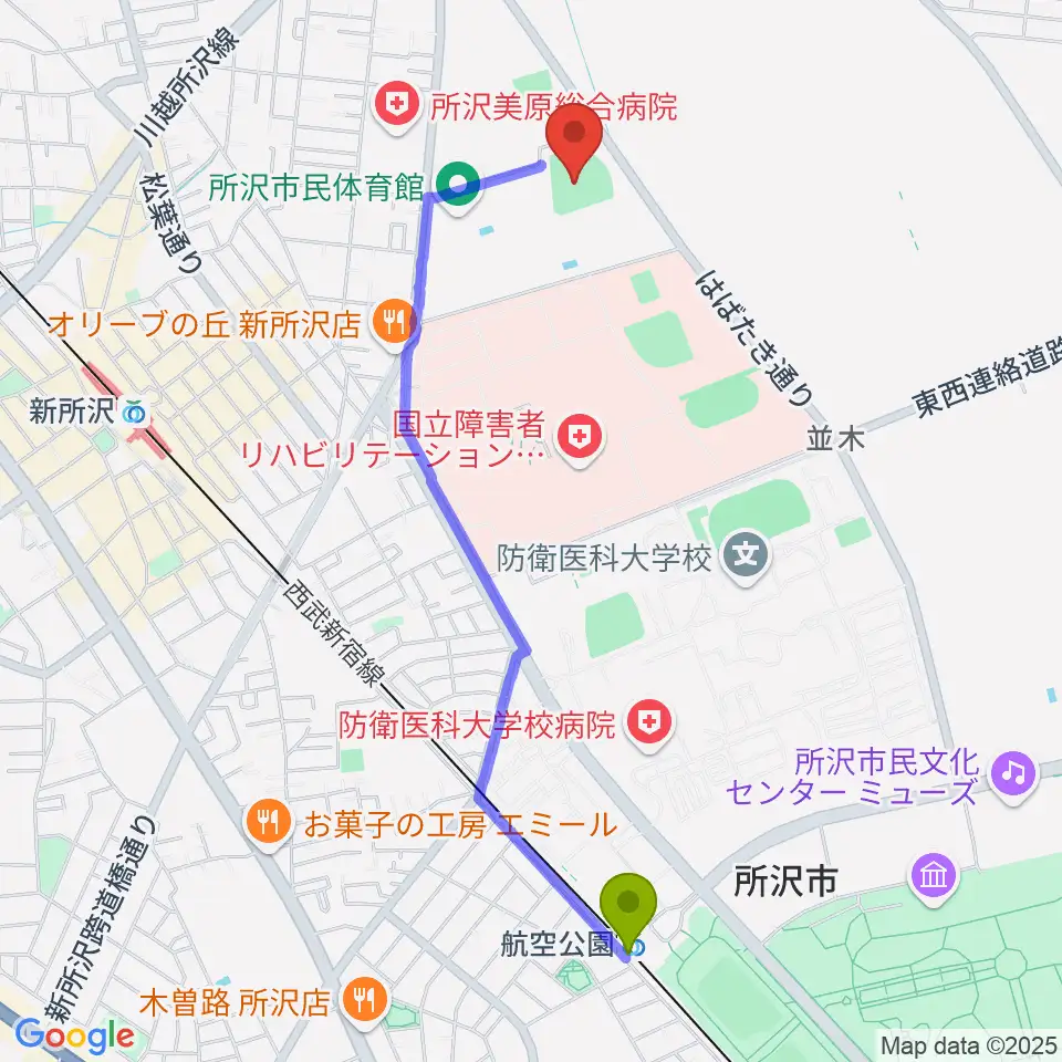 航空公園駅から所沢市総合運動場野球場へのルートマップ地図