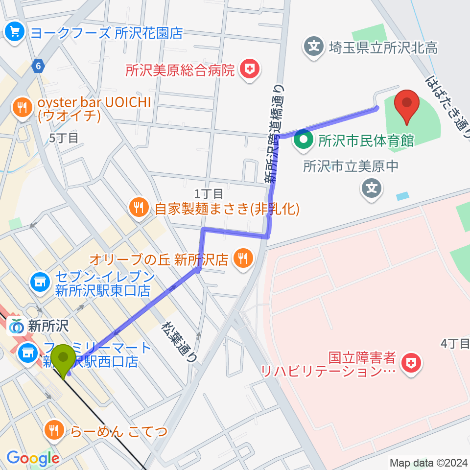 所沢市総合運動場野球場の最寄駅新所沢駅からの徒歩ルート（約14分）地図