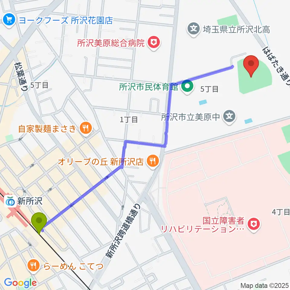 所沢市総合運動場野球場の最寄駅新所沢駅からの徒歩ルート（約14分）地図
