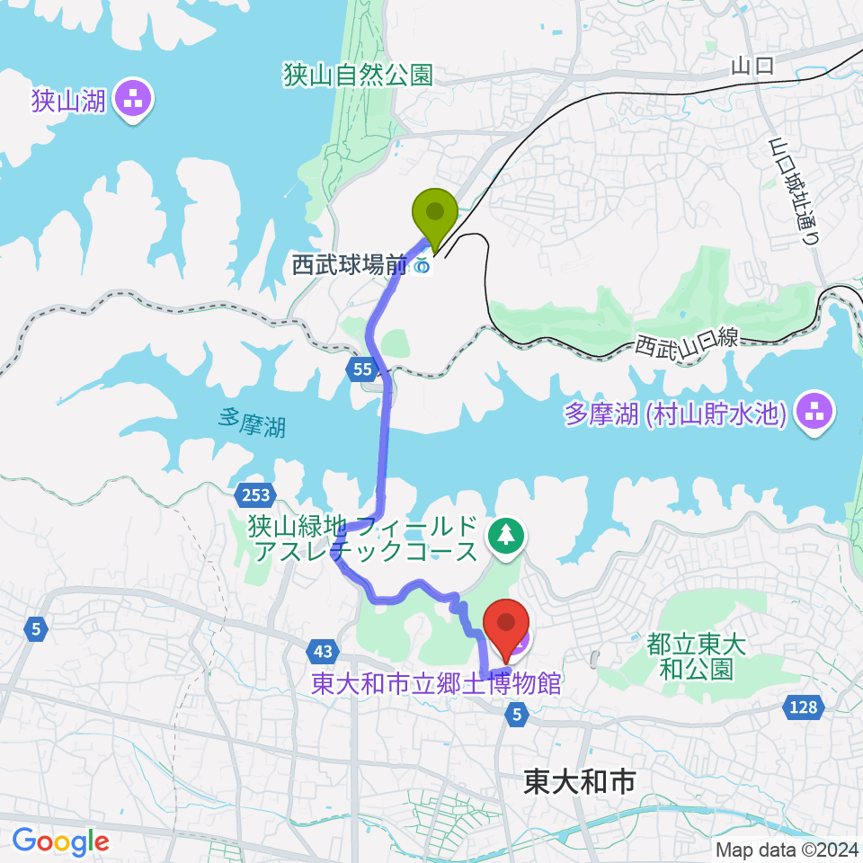 西武球場前駅から東大和市立郷土博物館へのルートマップ地図