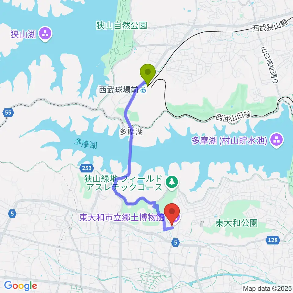 西武球場前駅から東大和市立郷土博物館へのルートマップ地図