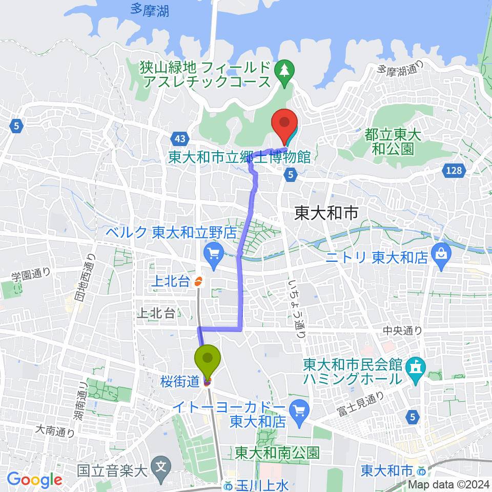 桜街道駅から東大和市立郷土博物館へのルートマップ地図