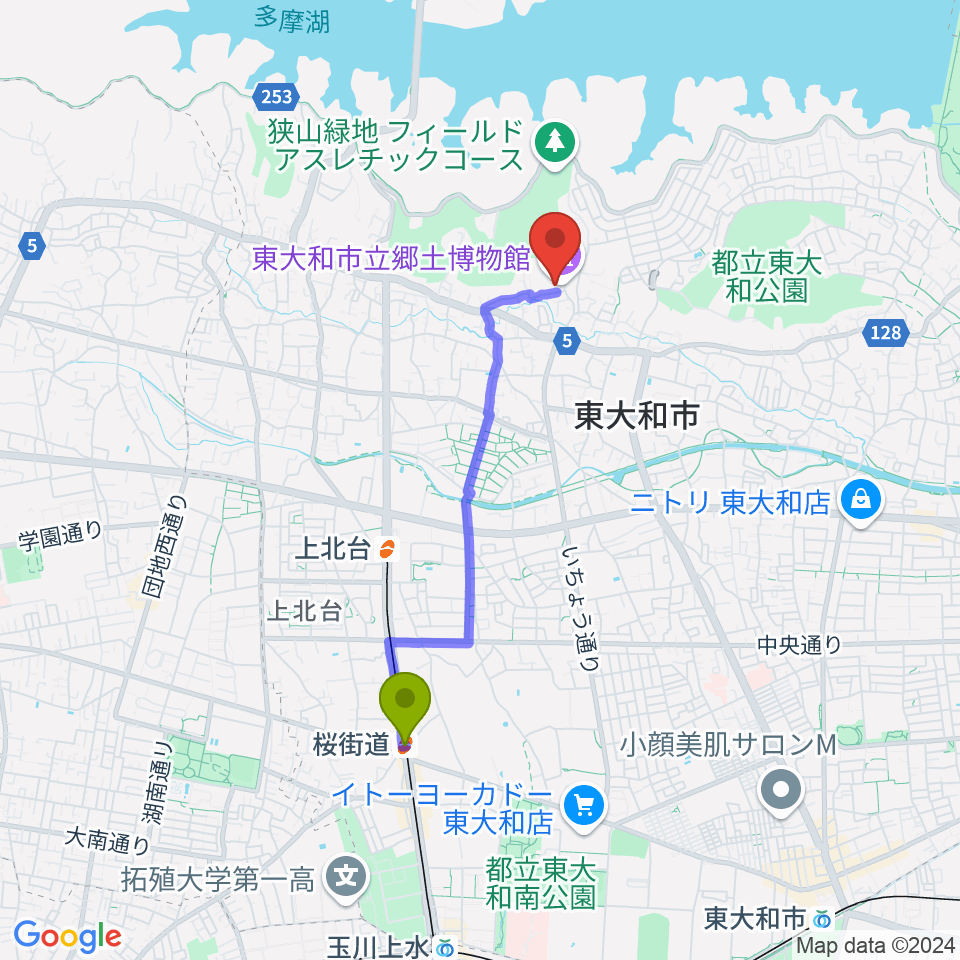 桜街道駅から東大和市立郷土博物館へのルートマップ地図