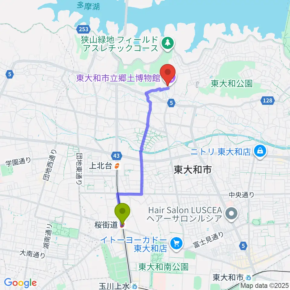 桜街道駅から東大和市立郷土博物館へのルートマップ地図