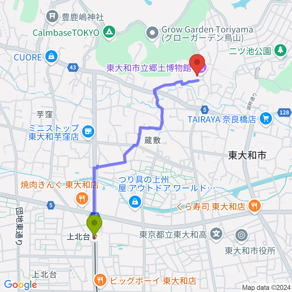 東大和市立郷土博物館の最寄駅上北台駅からの徒歩ルート（約20分）地図