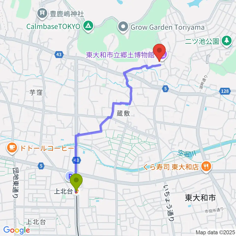 東大和市立郷土博物館の最寄駅上北台駅からの徒歩ルート（約20分）地図