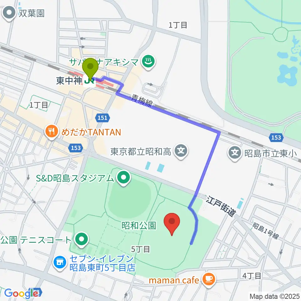 昭和公園陸上競技場の最寄駅東中神駅からの徒歩ルート（約9分）地図