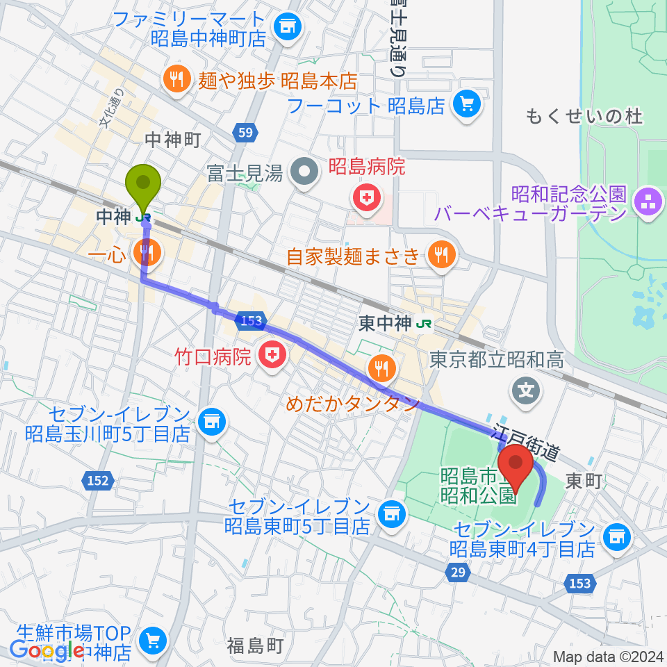 中神駅から昭和公園陸上競技場へのルートマップ地図