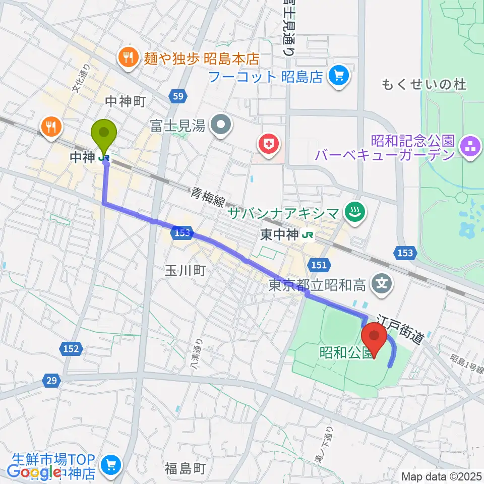 中神駅から昭和公園陸上競技場へのルートマップ地図
