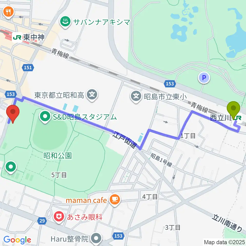 西立川駅から昭島市総合スポーツセンターへのルートマップ地図