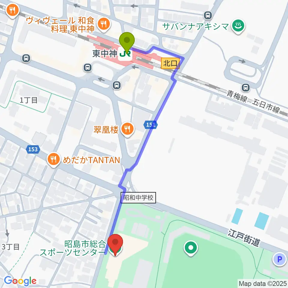 昭島市総合スポーツセンターの最寄駅東中神駅からの徒歩ルート（約5分）地図