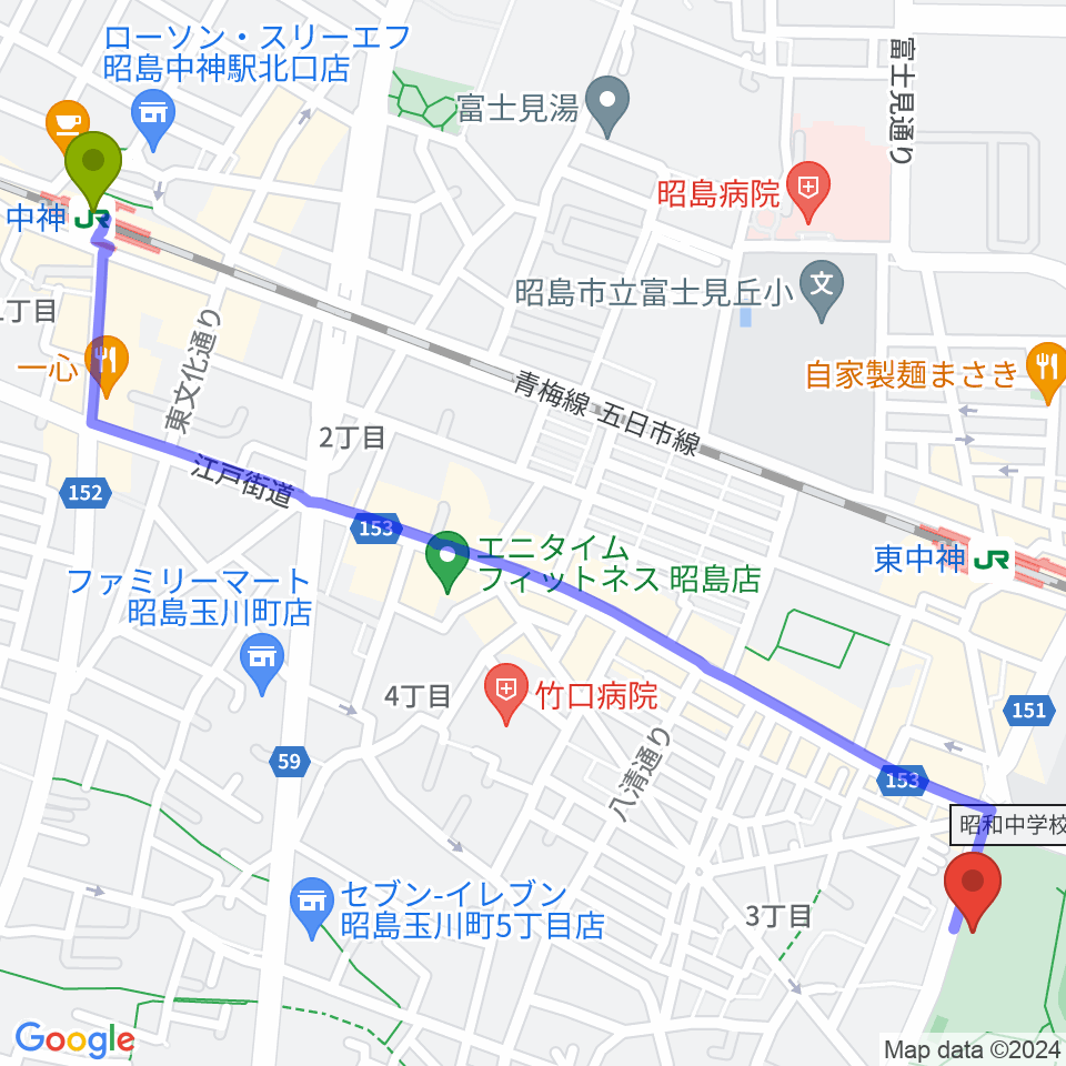 中神駅から昭島市総合スポーツセンターへのルートマップ地図