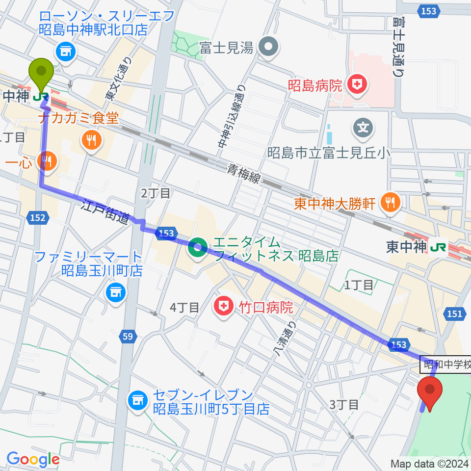 中神駅から昭島市総合スポーツセンターへのルートマップ地図