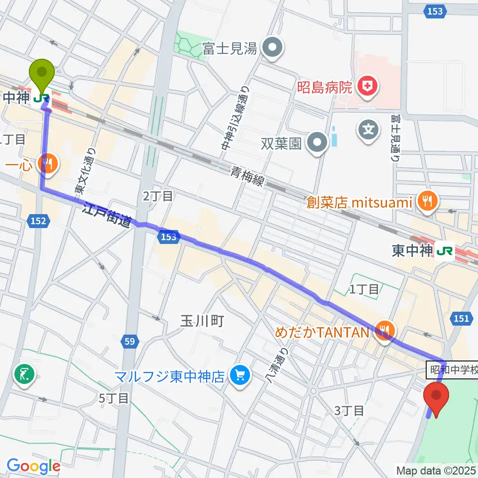 中神駅から昭島市総合スポーツセンターへのルートマップ地図