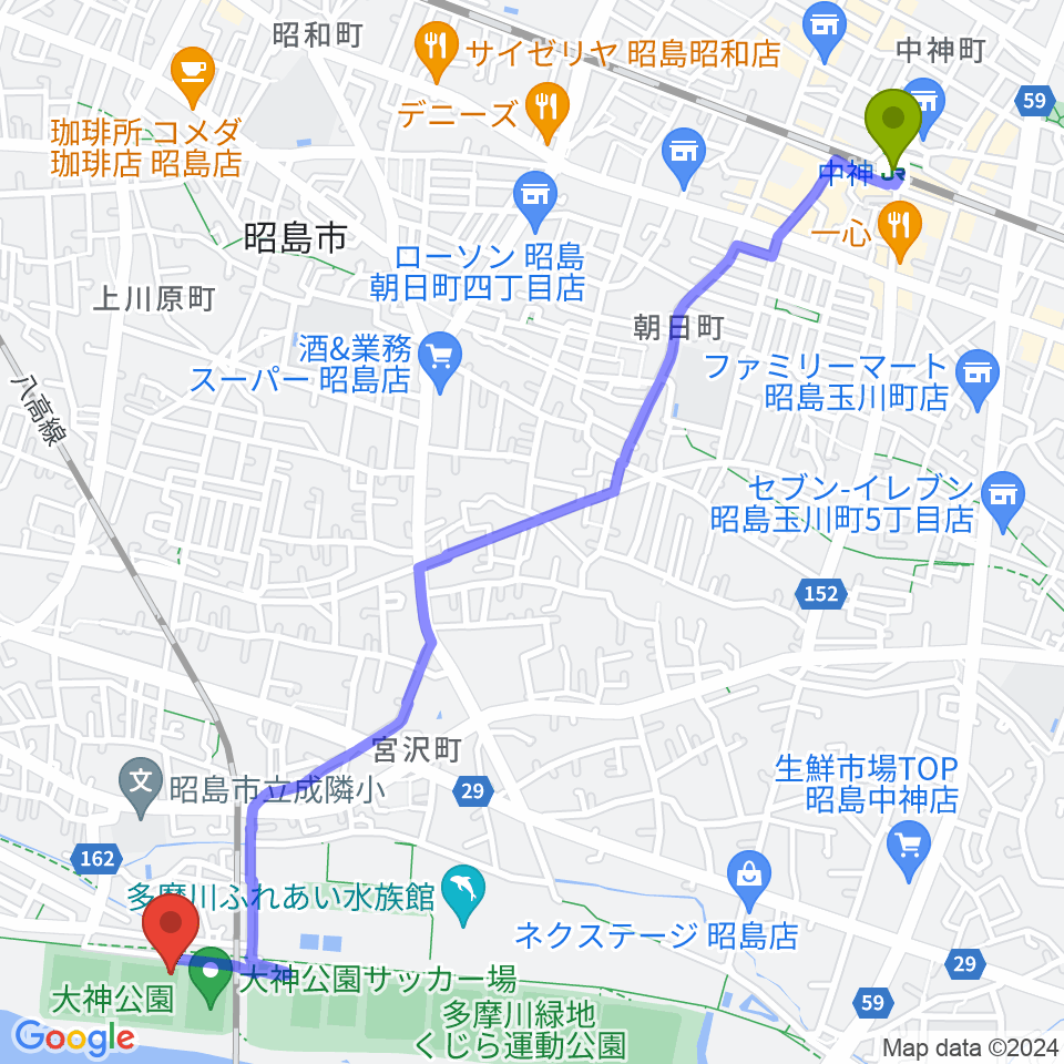中神駅から大神公園野球場へのルートマップ地図