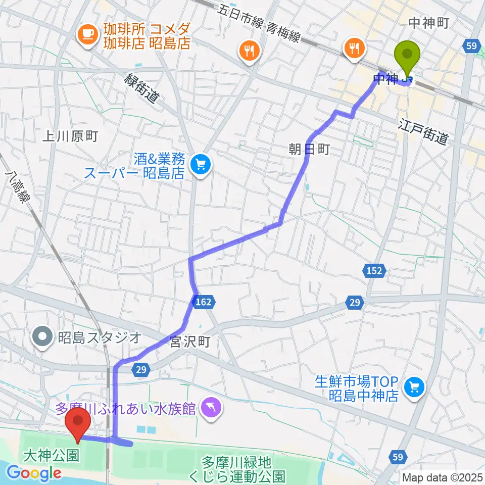 中神駅から大神公園野球場へのルートマップ地図