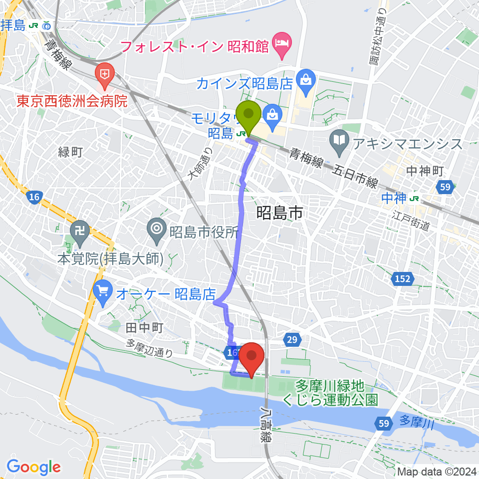 昭島駅から大神公園野球場へのルートマップ地図
