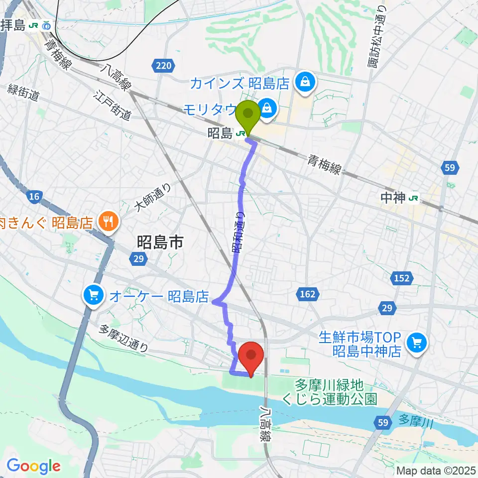 昭島駅から大神公園野球場へのルートマップ地図