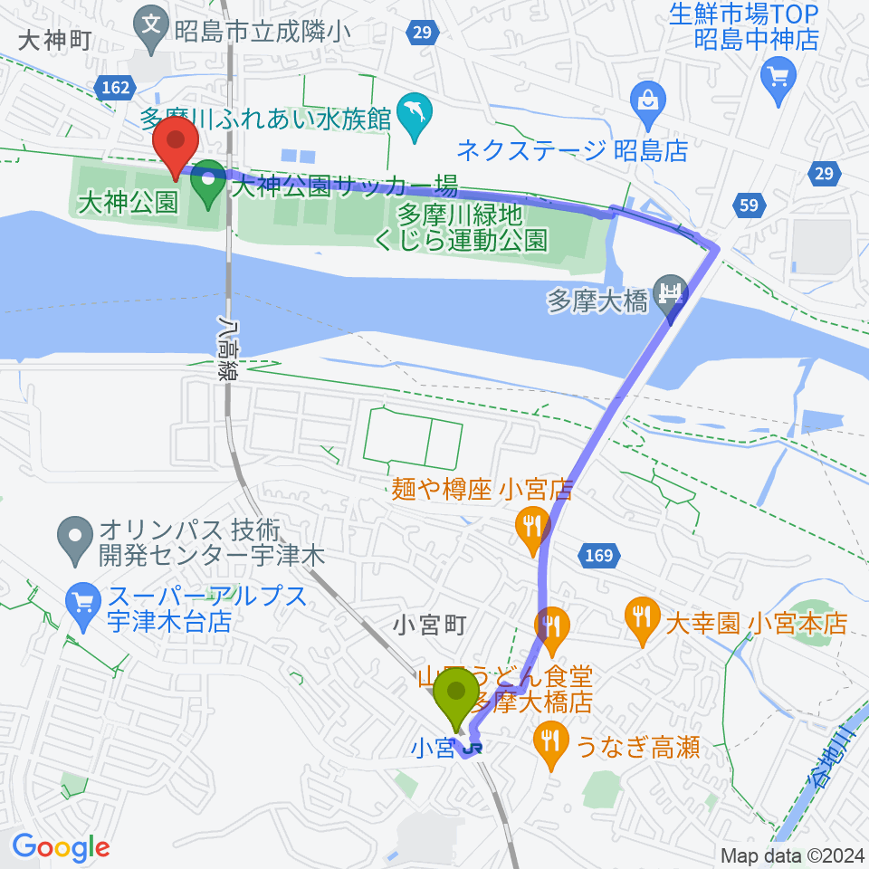 大神公園野球場の最寄駅小宮駅からの徒歩ルート（約22分）地図