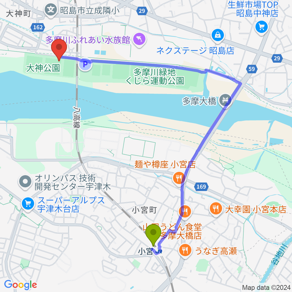 大神公園野球場の最寄駅小宮駅からの徒歩ルート（約22分）地図