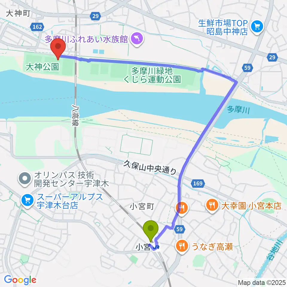 大神公園野球場の最寄駅小宮駅からの徒歩ルート（約22分）地図