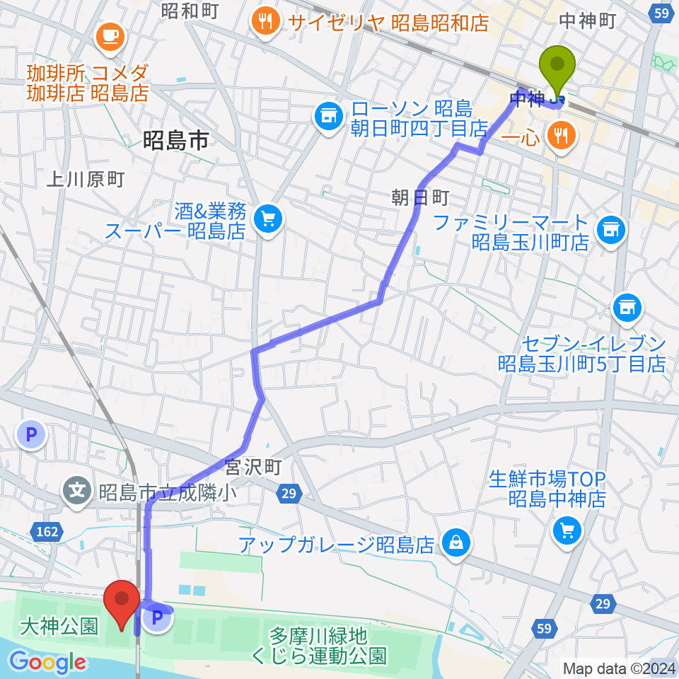 中神駅から大神公園サッカー場へのルートマップ地図