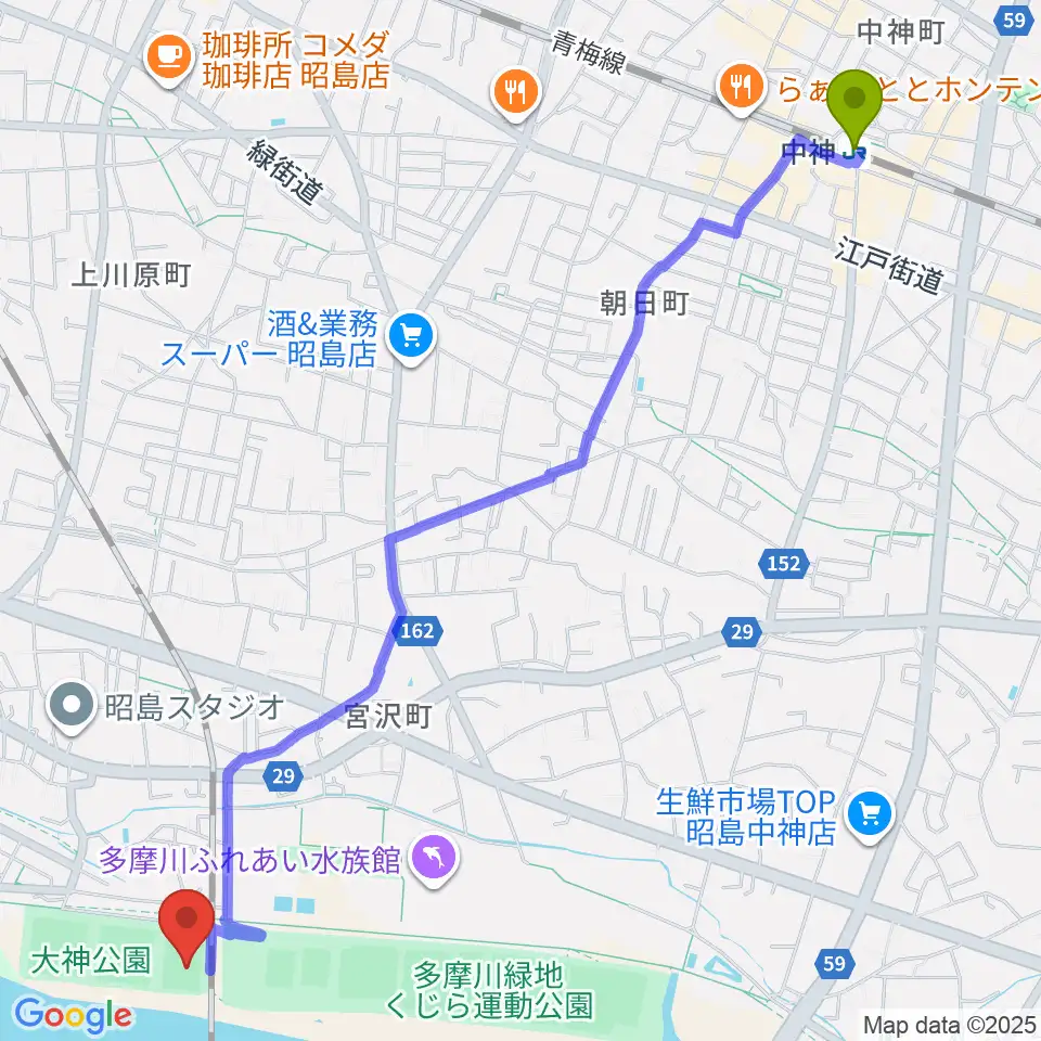 中神駅から大神公園サッカー場へのルートマップ地図