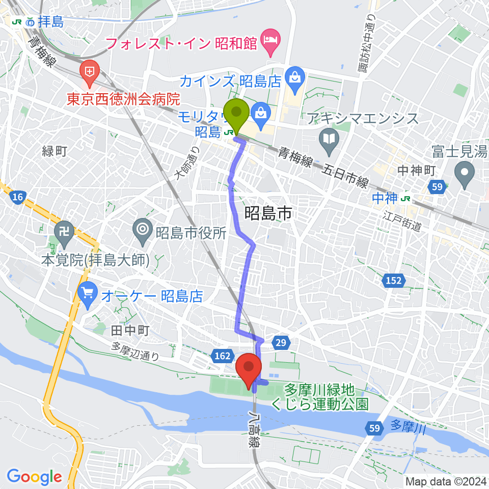 昭島駅から大神公園サッカー場へのルートマップ地図