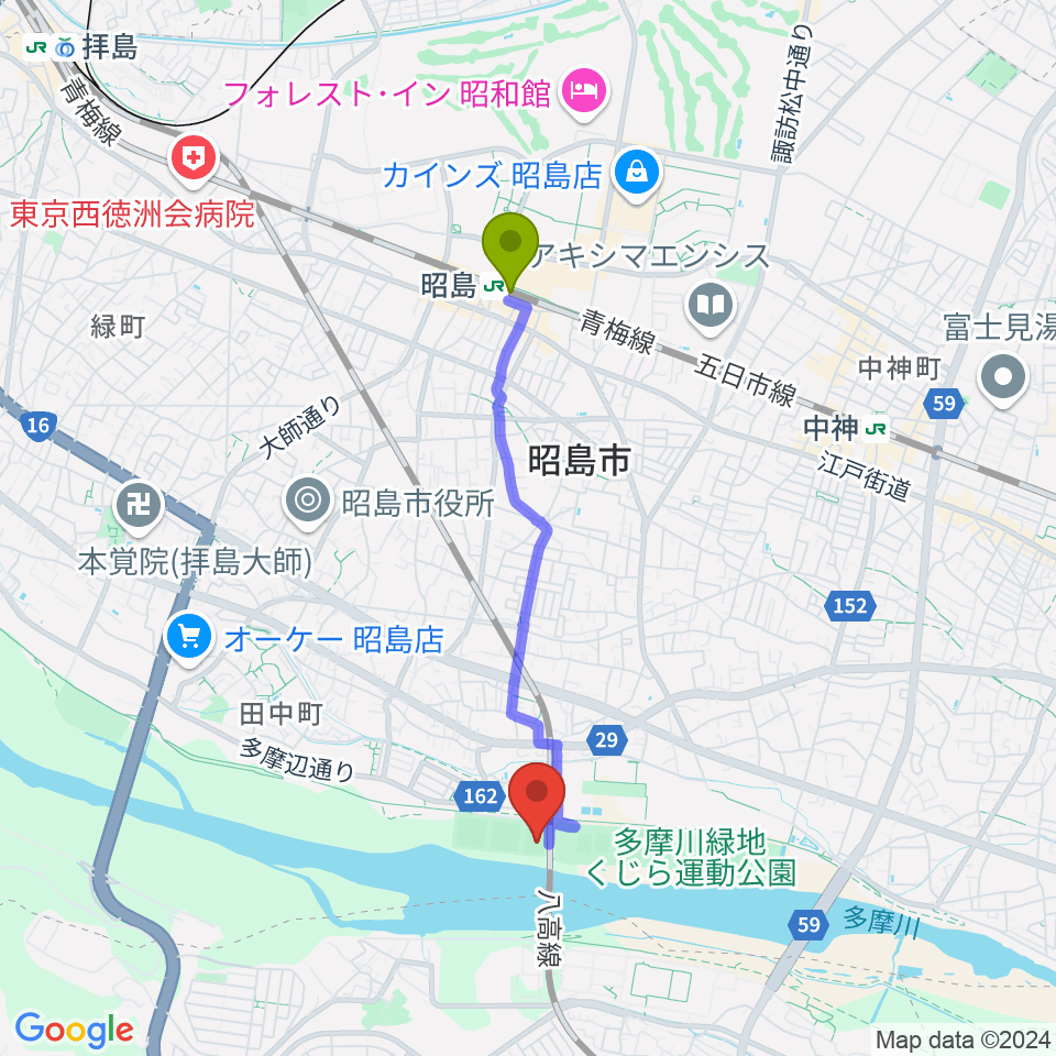 昭島駅から大神公園サッカー場へのルートマップ地図