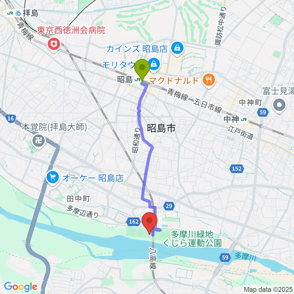 昭島駅から大神公園サッカー場へのルートマップ地図
