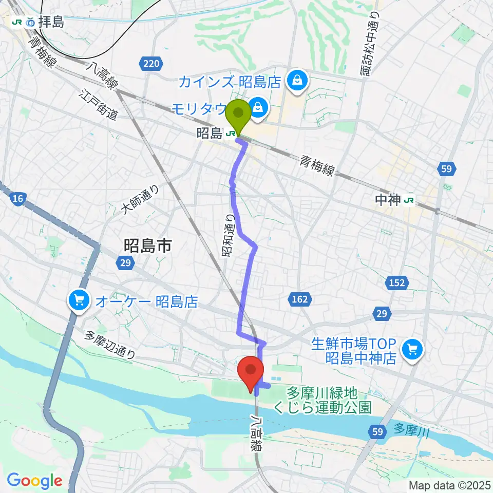 昭島駅から大神公園サッカー場へのルートマップ地図