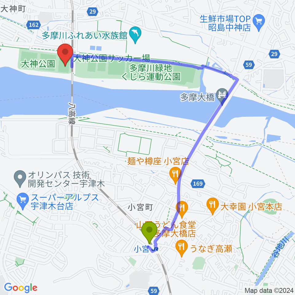 大神公園サッカー場の最寄駅小宮駅からの徒歩ルート（約21分）地図