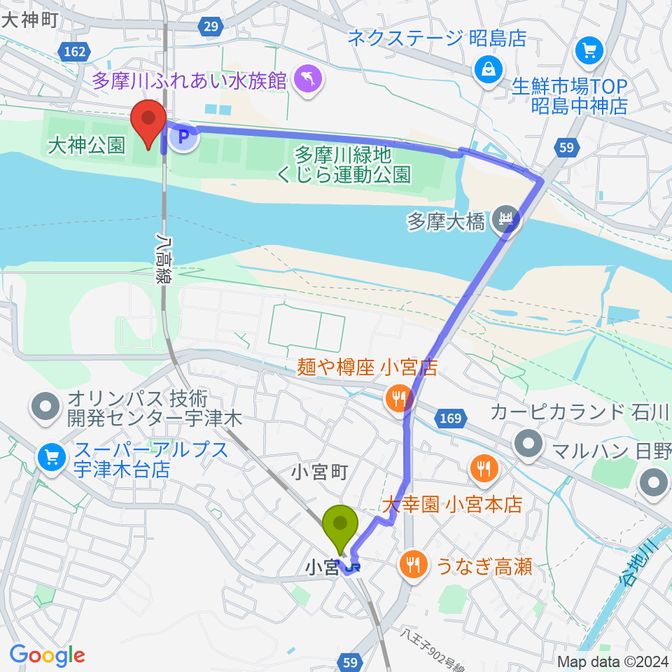 大神公園サッカー場の最寄駅小宮駅からの徒歩ルート（約21分）地図