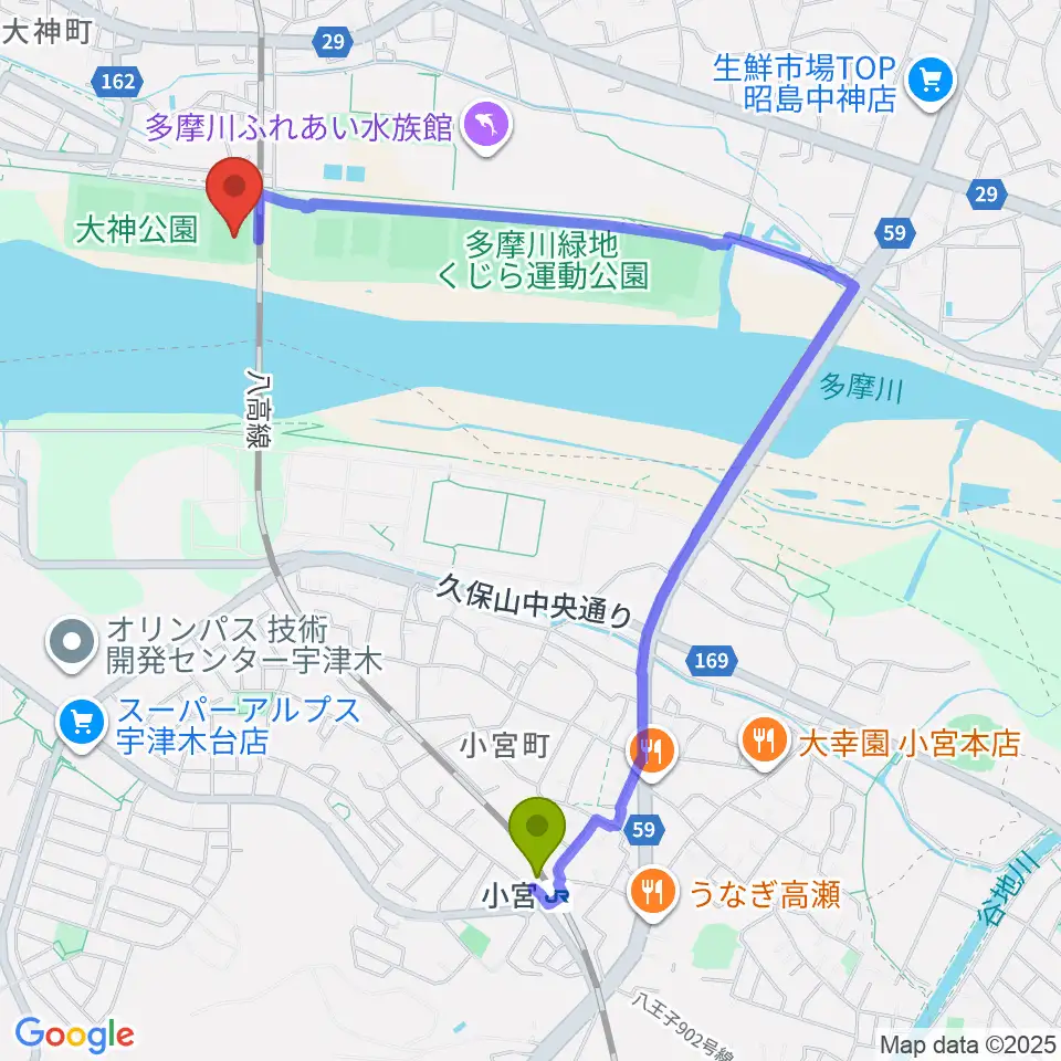 大神公園サッカー場の最寄駅小宮駅からの徒歩ルート（約21分）地図