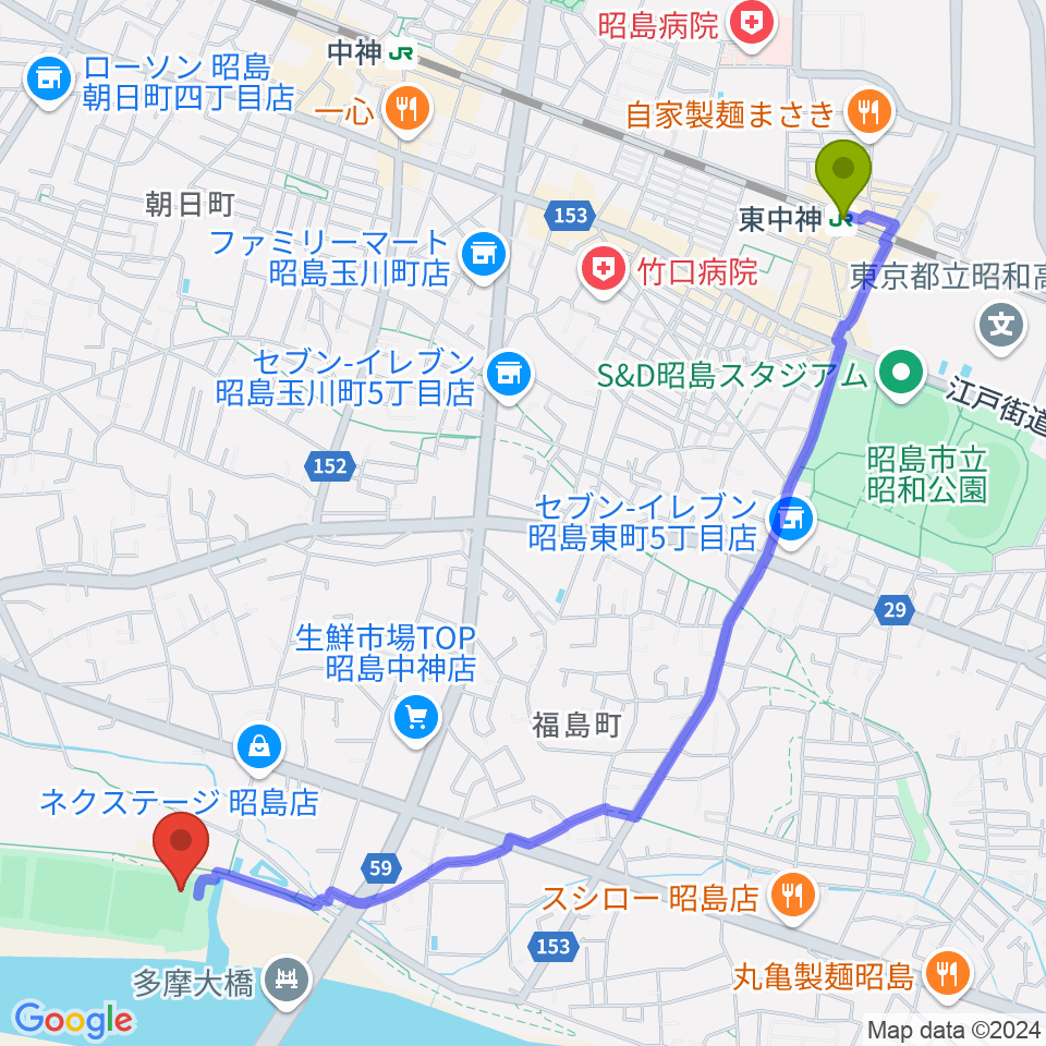 東中神駅からくじら運動公園野球場へのルートマップ地図