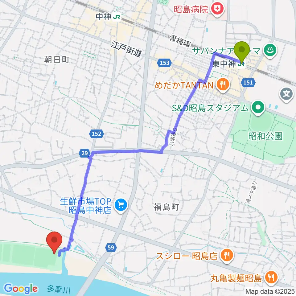 東中神駅からくじら運動公園野球場へのルートマップ地図